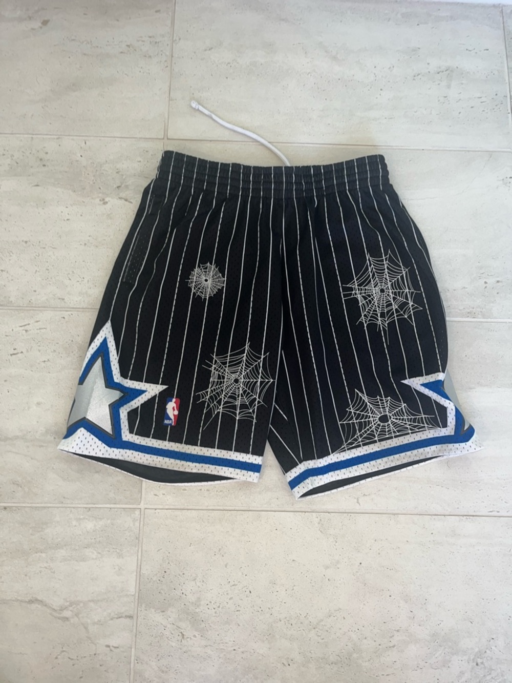 NBA Men's Black Pinstripe Spiderweb Athletic Shorts with Star Trim Mitchell & Ne